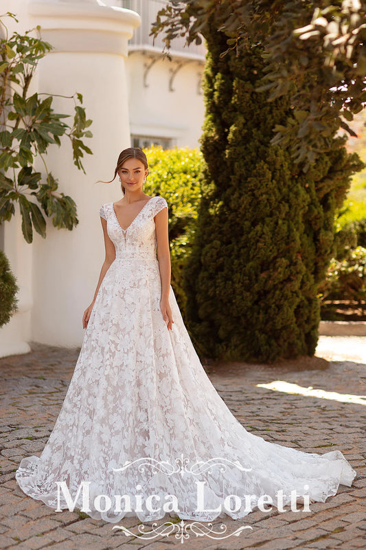 Monica Loretti 8224 V Neck Lace Wedding Dress with Cap Sleeves
