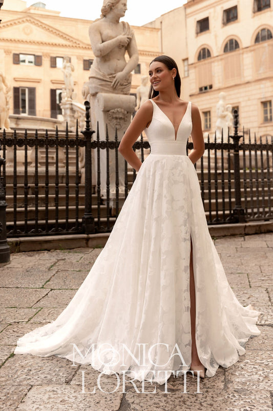 Monica Loretti 8321 V Neck Wedding Dress with A Line Skirt