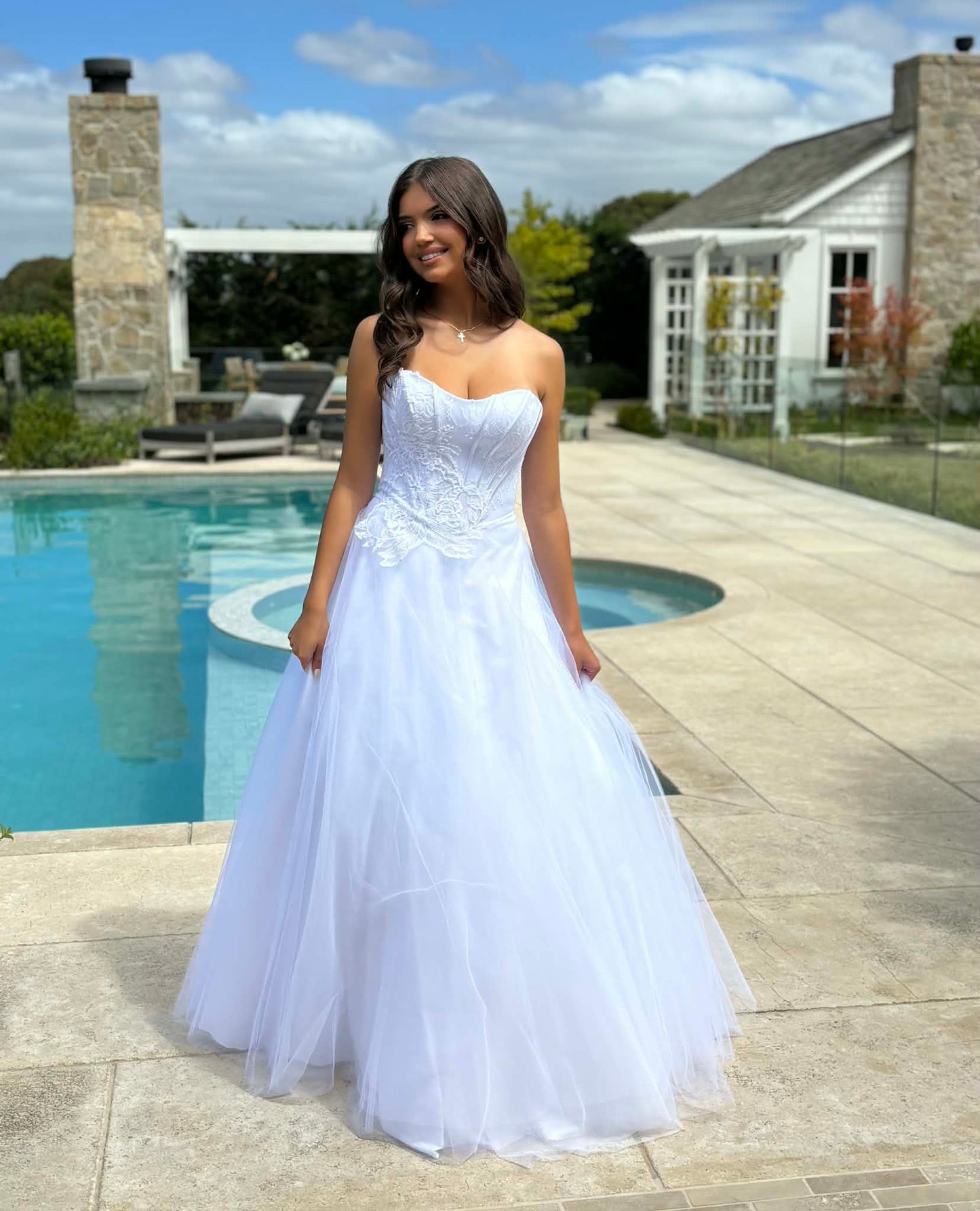 Zante Strapless Drop Waist Lace and Tulle Debutante Dress