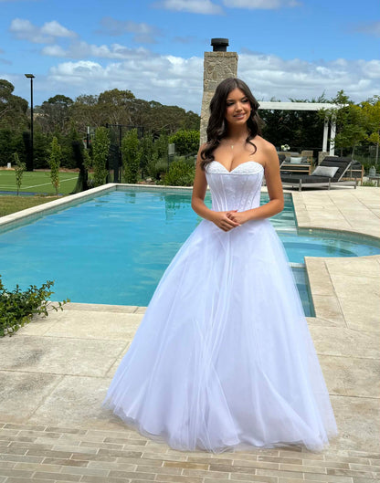 Yuma Strapless Lace Ballgown Debutante Dress with Lace Up Corset and Bead Detail