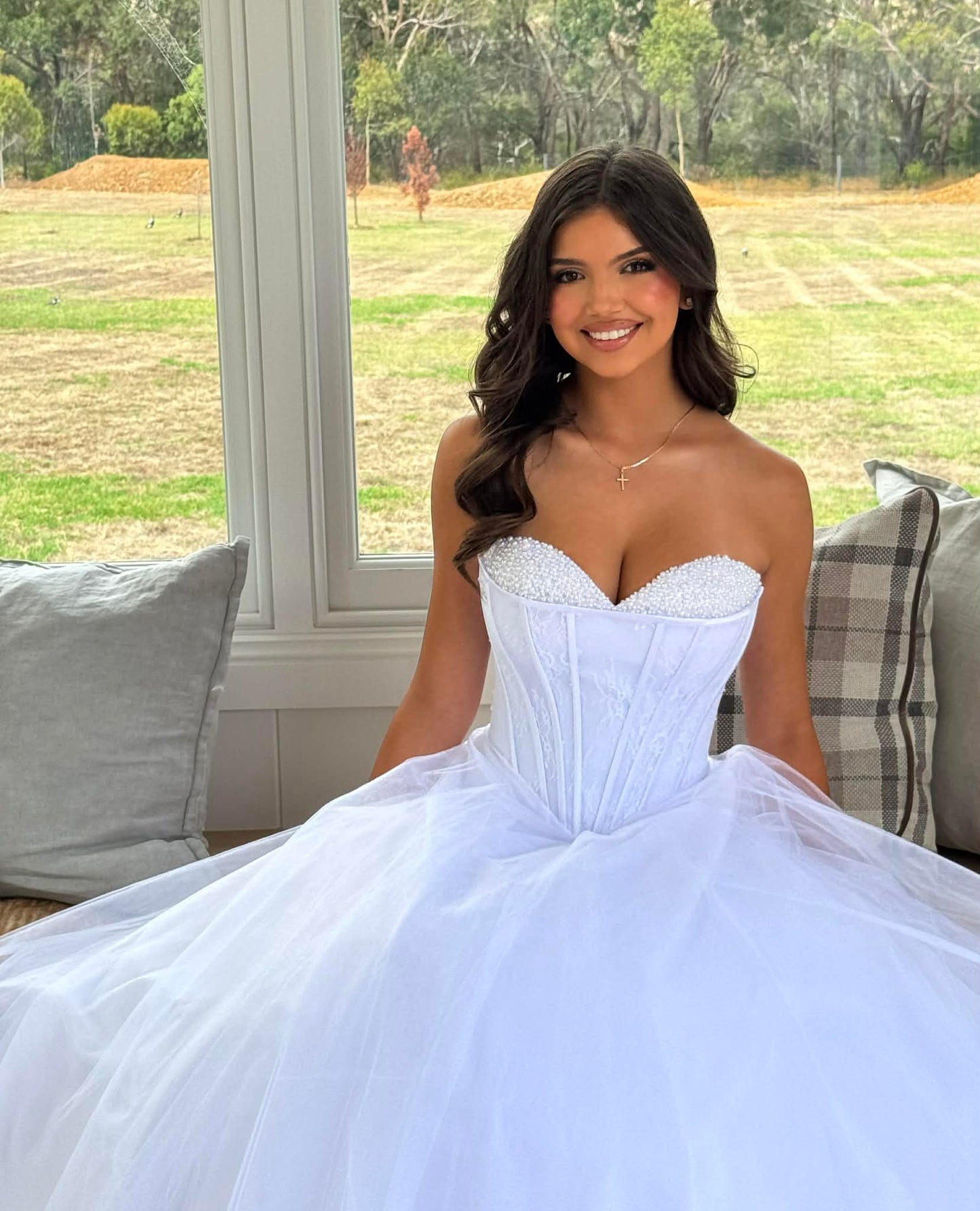 Yuma Strapless Lace Ballgown Debutante Dress with Lace Up Corset and Bead Detail