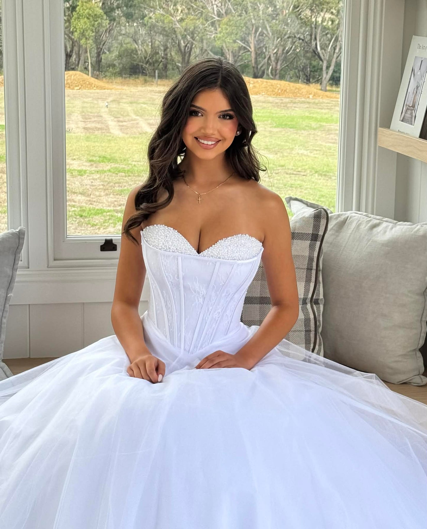 Yuma Strapless Lace Ballgown Debutante Dress with Lace Up Corset and Bead Detail