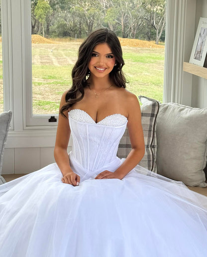 Yuma Strapless Lace Ballgown Debutante Dress with Lace Up Corset and Bead Detail