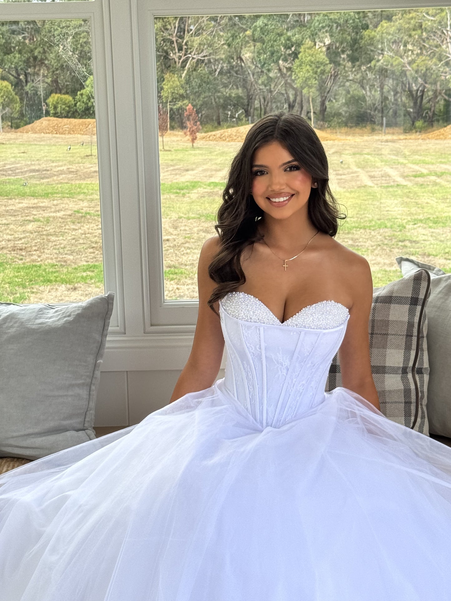 Yuma Strapless Lace Ballgown Debutante Dress with Lace Up Corset and Bead Detail