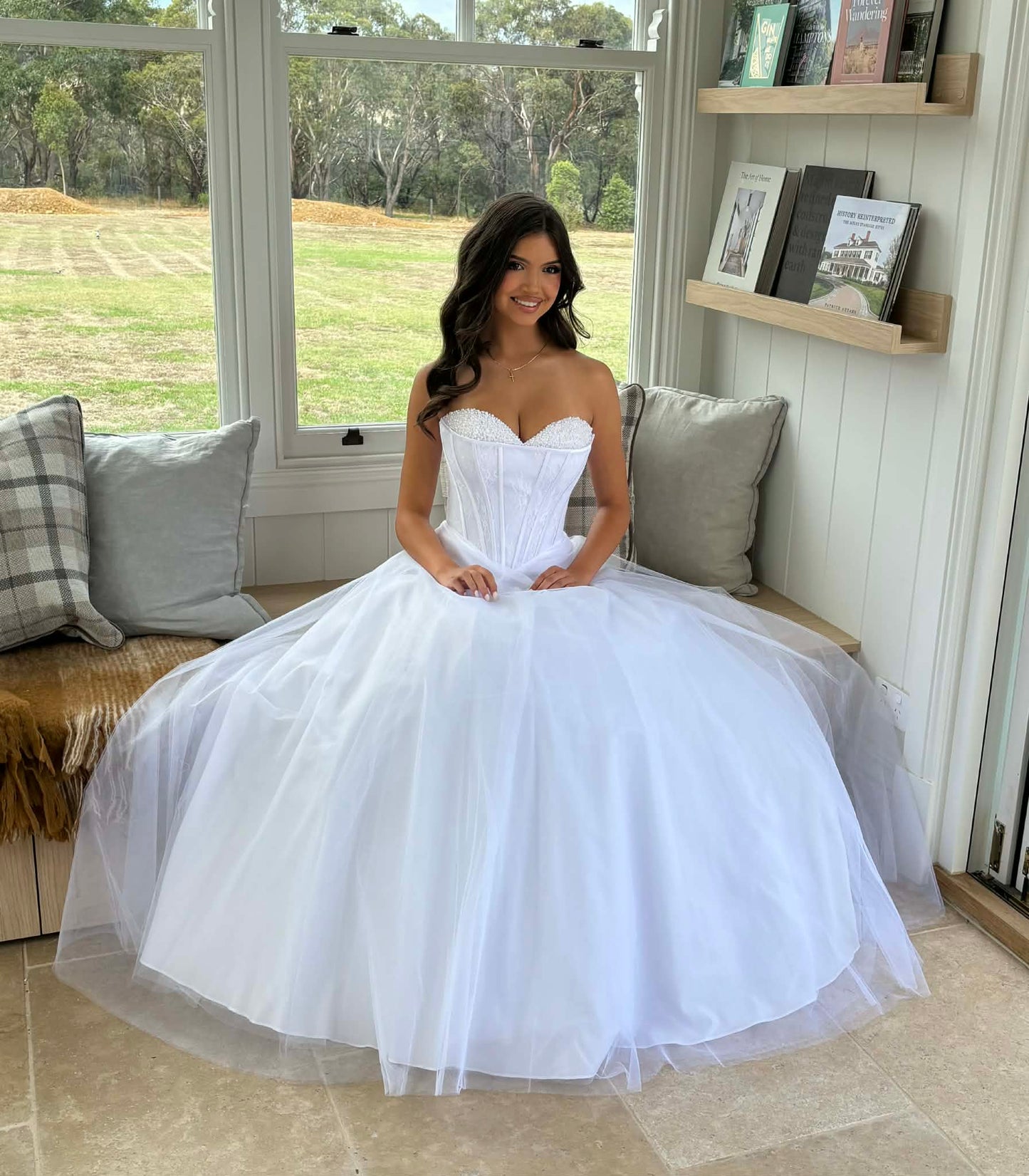Yuma Strapless Lace Ballgown Debutante Dress with Lace Up Corset and Bead Detail