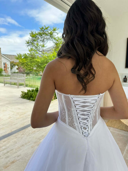 Yuma Strapless Lace Ballgown Debutante Dress with Lace Up Corset and Bead Detail