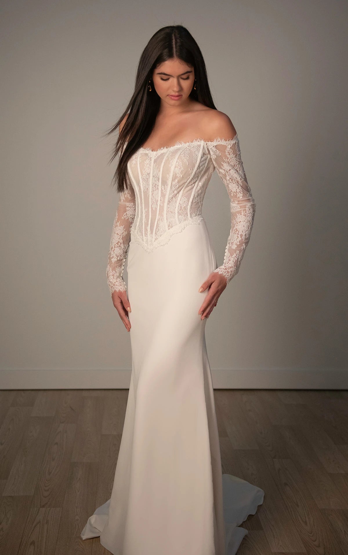 Strapless Lace Column Wedding Dress with Sheer Lace Off-the-Shoulder Sleeves SY8256