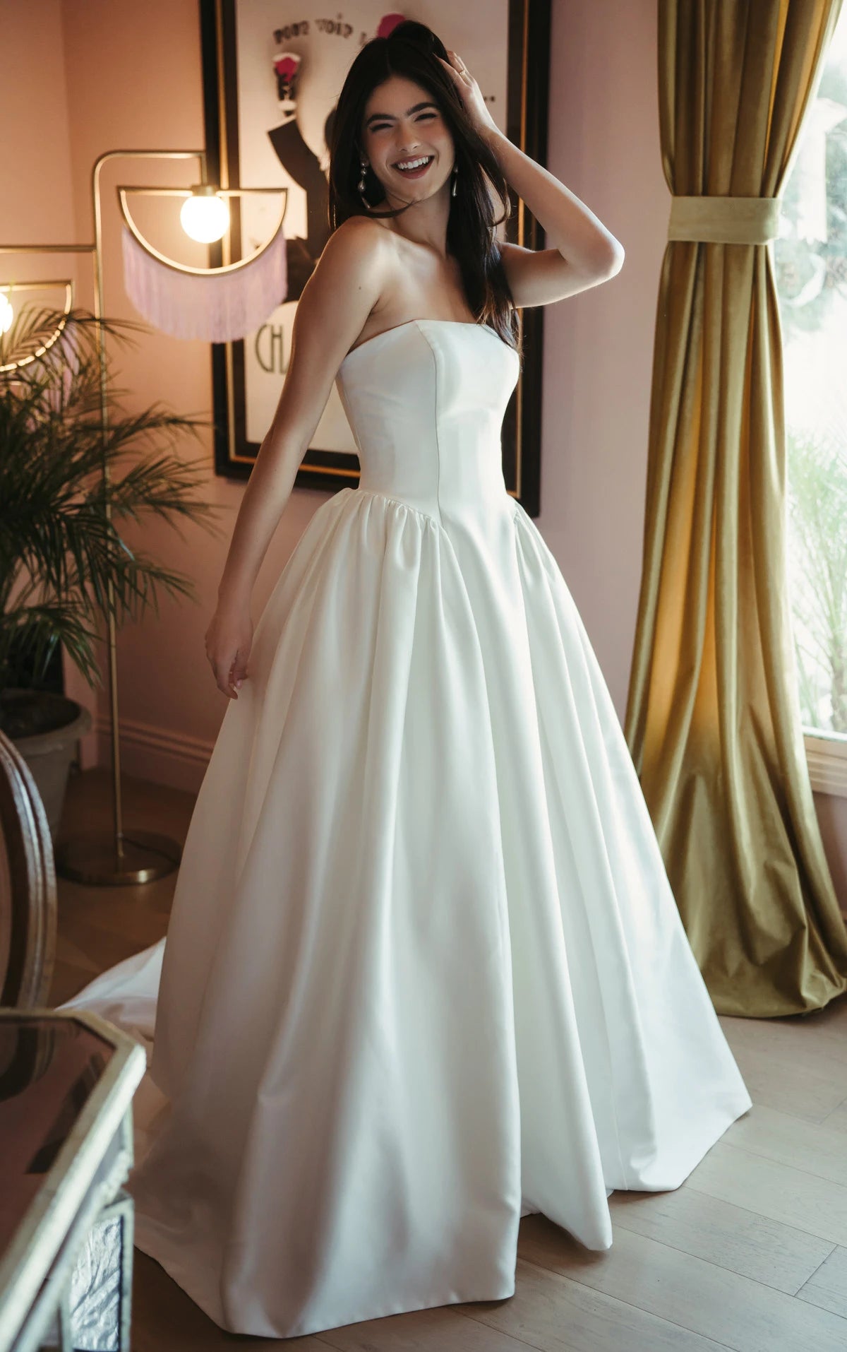 Strapless Mikado A-Line Wedding Gown with Architectural Seaming and Pockets SY8274
