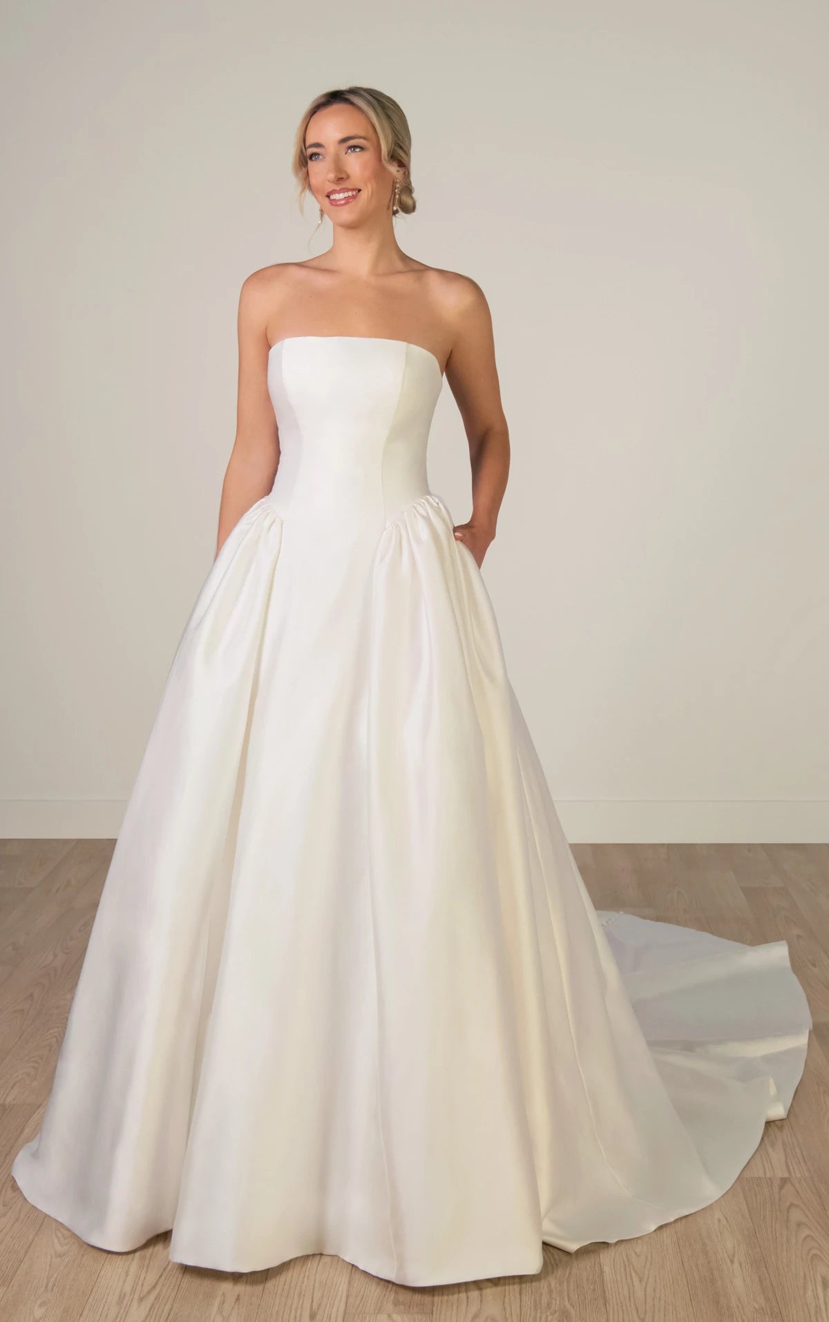Strapless Mikado A-Line Wedding Gown with Architectural Seaming and Pockets Stella York SY8274