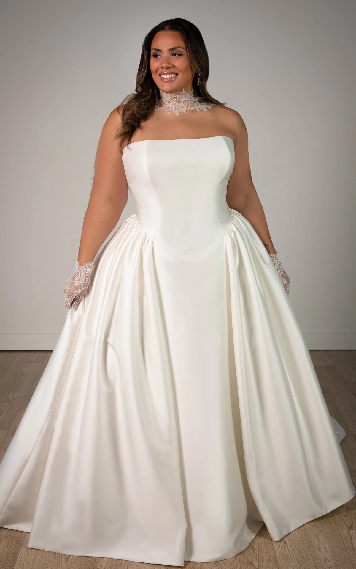 Strapless Mikado A-Line Wedding Gown with Architectural Seaming and Pockets Stella York SY8274