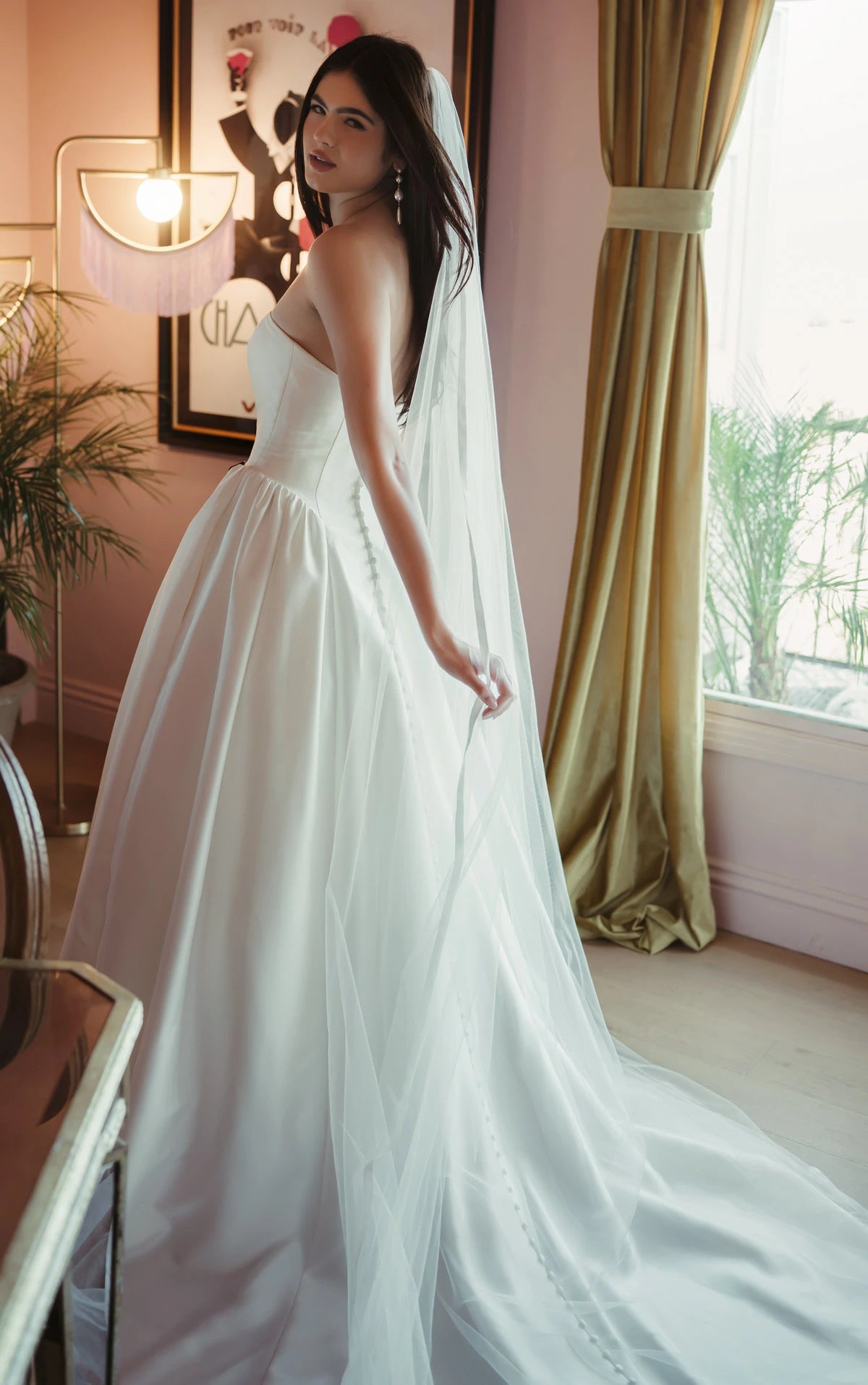 Strapless Mikado A-Line Wedding Gown with Architectural Seaming and Pockets Stella York SY8274
