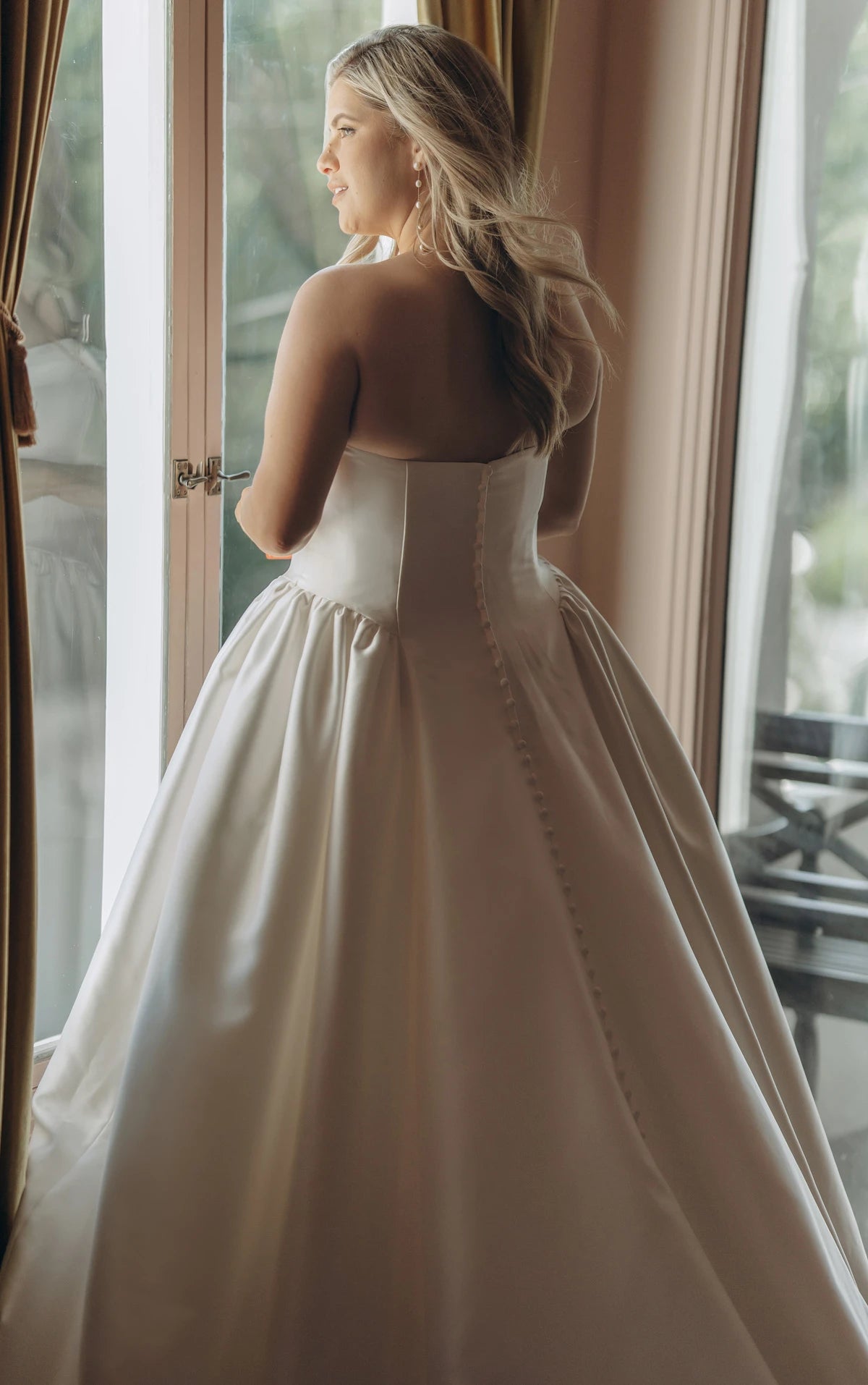 Strapless Mikado A-Line Wedding Gown with Architectural Seaming and Pockets Stella York SY8274
