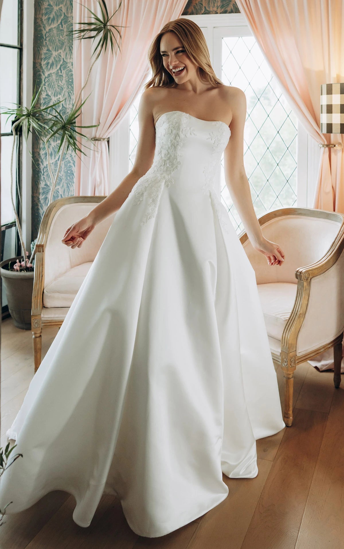 Strapless Lace and Grand Satin A-Line Wedding Gown with Scalloped Cutout Train SY8279