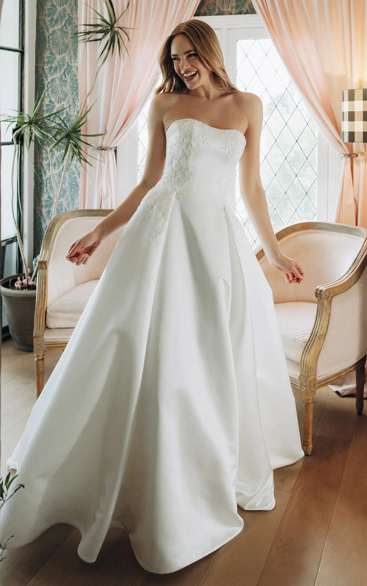 Strapless Lace and Grand Satin A-Line Wedding Gown with Scalloped Cutout Train SY8279