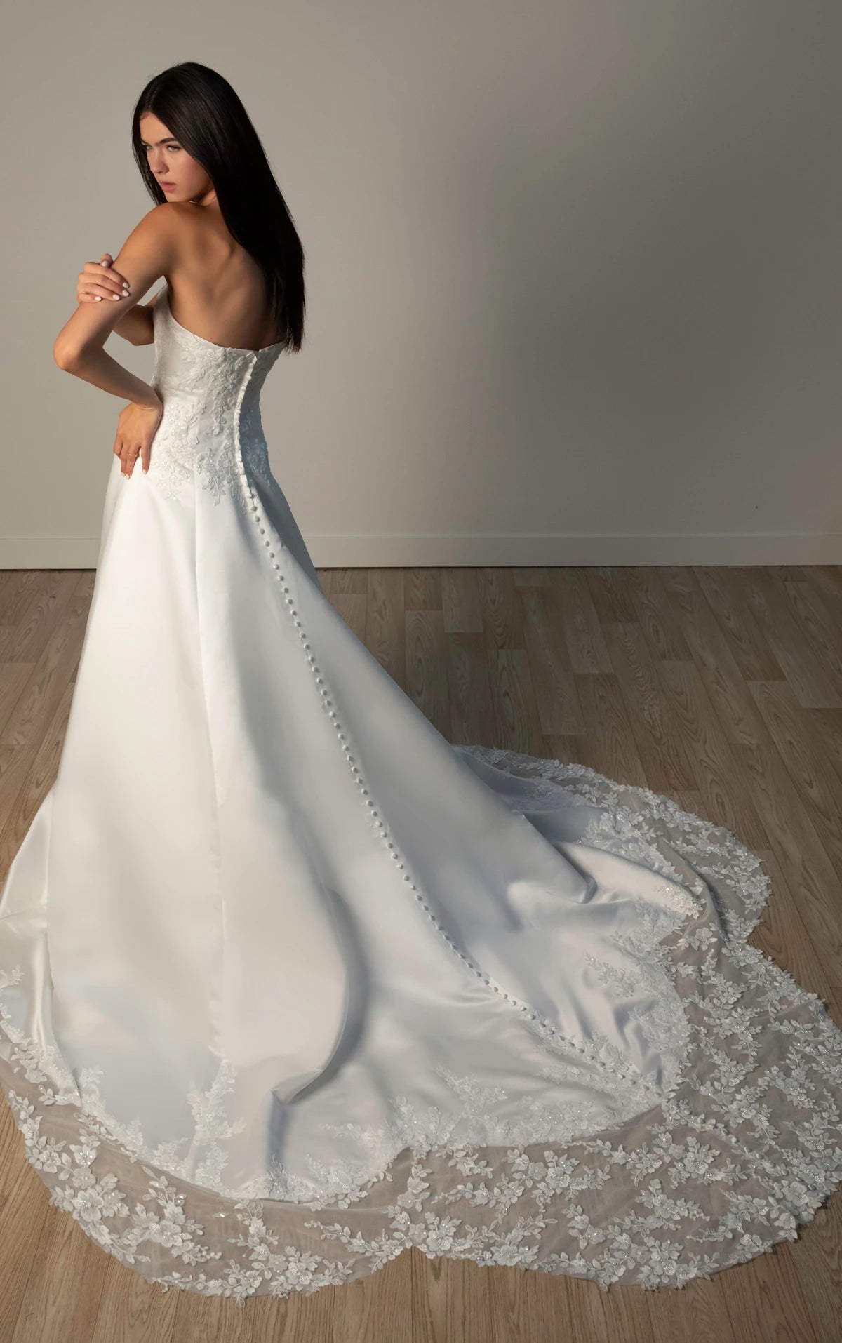 Strapless Lace and Satin A-Line Wedding Gown with Scalloped Cutout Train Stella York SY8279