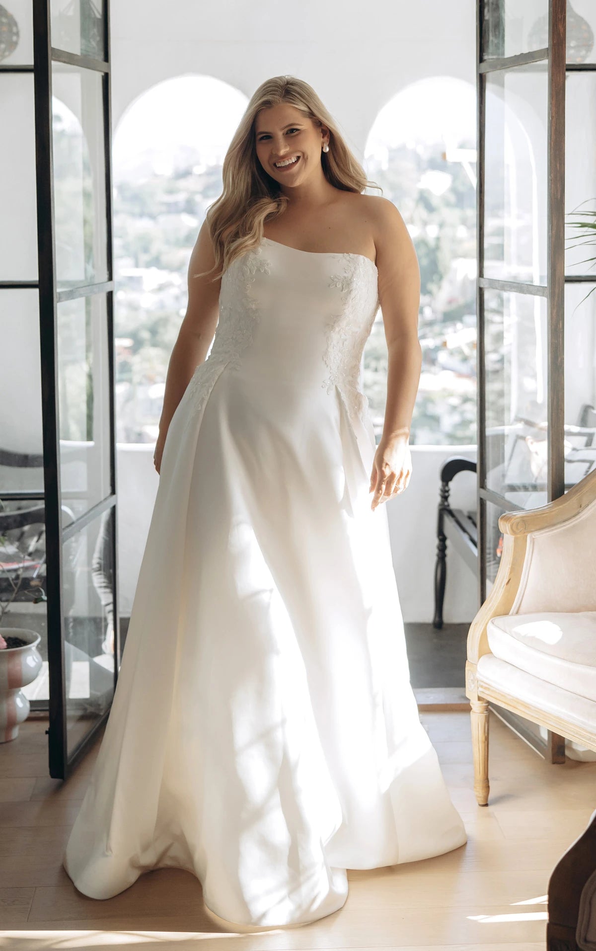 Strapless Lace and Satin A-Line Wedding Gown with Scalloped Cutout Train Stella York SY8279