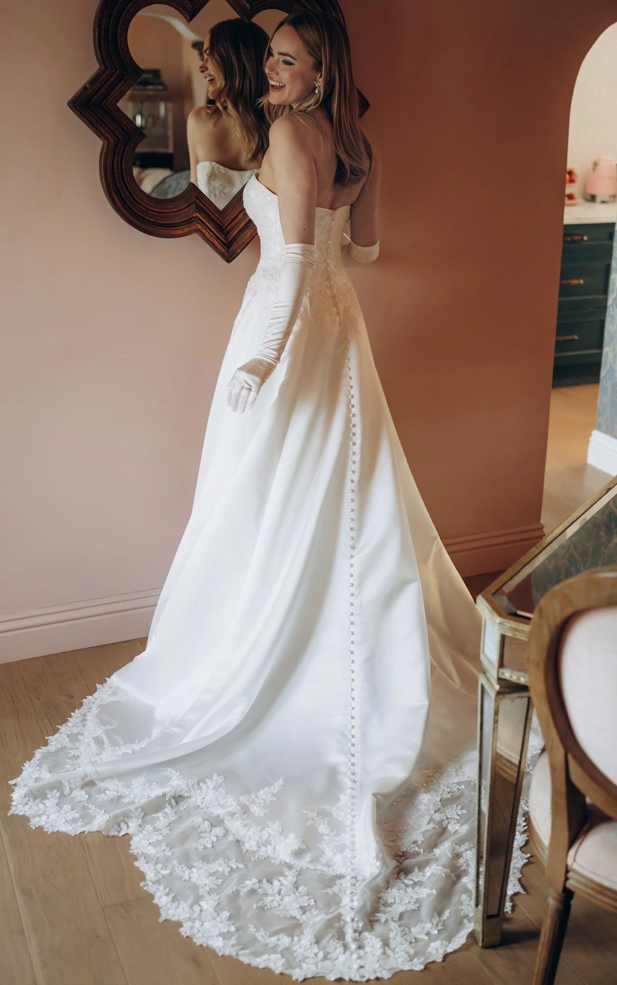 Strapless Lace and Satin A-Line Wedding Gown with Scalloped Cutout Train Stella York SY8279