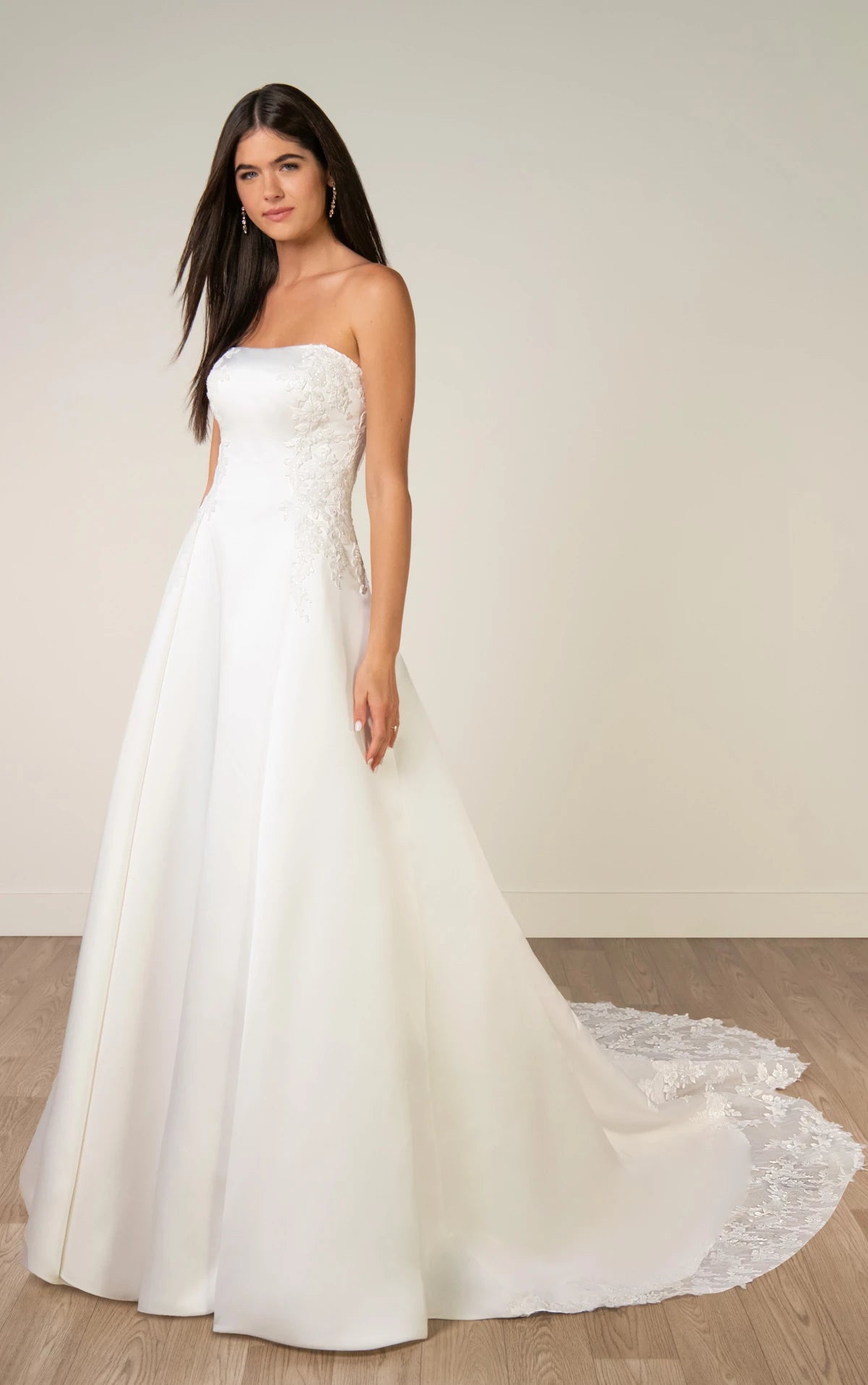 Strapless Lace and Satin A-Line Wedding Gown with Scalloped Cutout Train Stella York SY8279