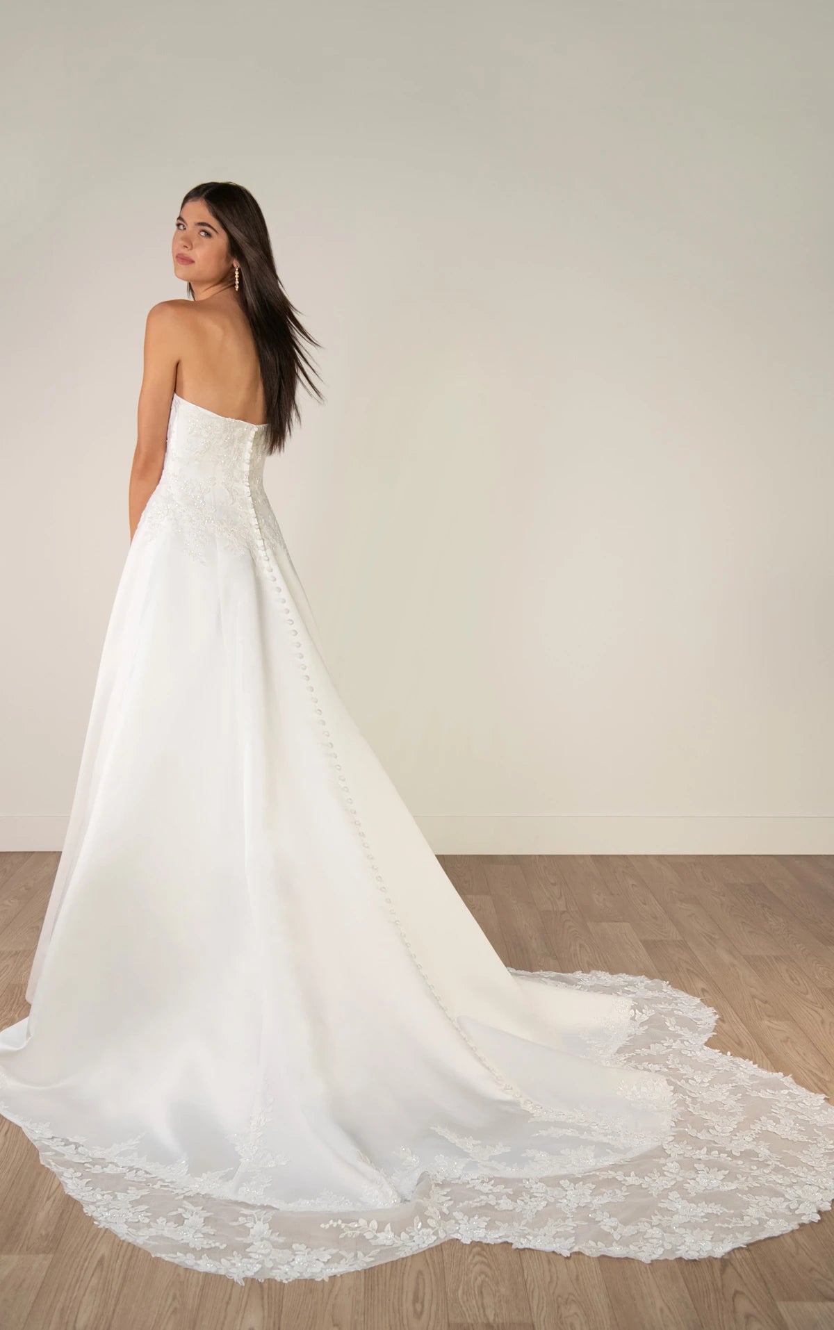 Strapless Lace and Satin A-Line Wedding Gown with Scalloped Cutout Train Stella York SY8279