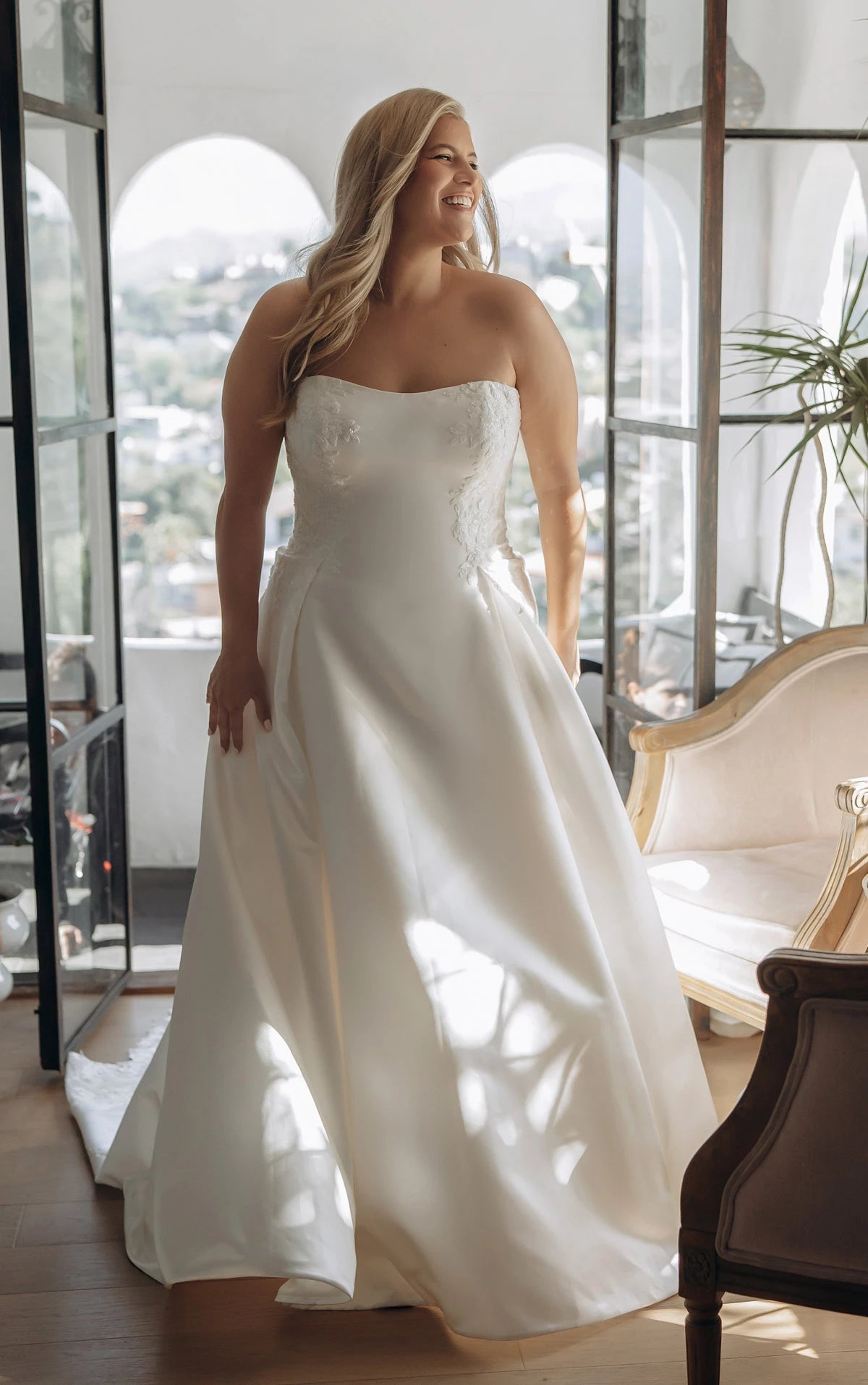 Strapless Lace and Satin A-Line Wedding Gown with Scalloped Cutout Train Stella York SY8279
