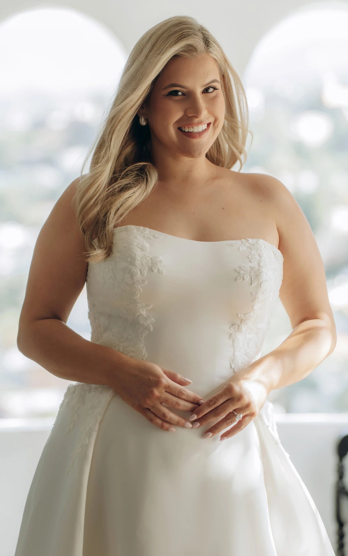 Strapless Lace and Satin A-Line Wedding Gown with Scalloped Cutout Train Stella York SY8279