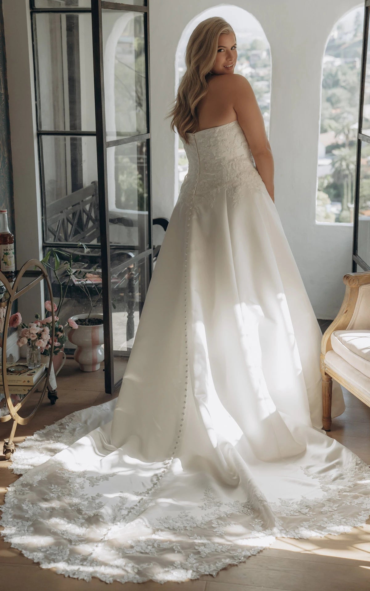 Strapless Lace and Satin A-Line Wedding Gown with Scalloped Cutout Train Stella York SY8279