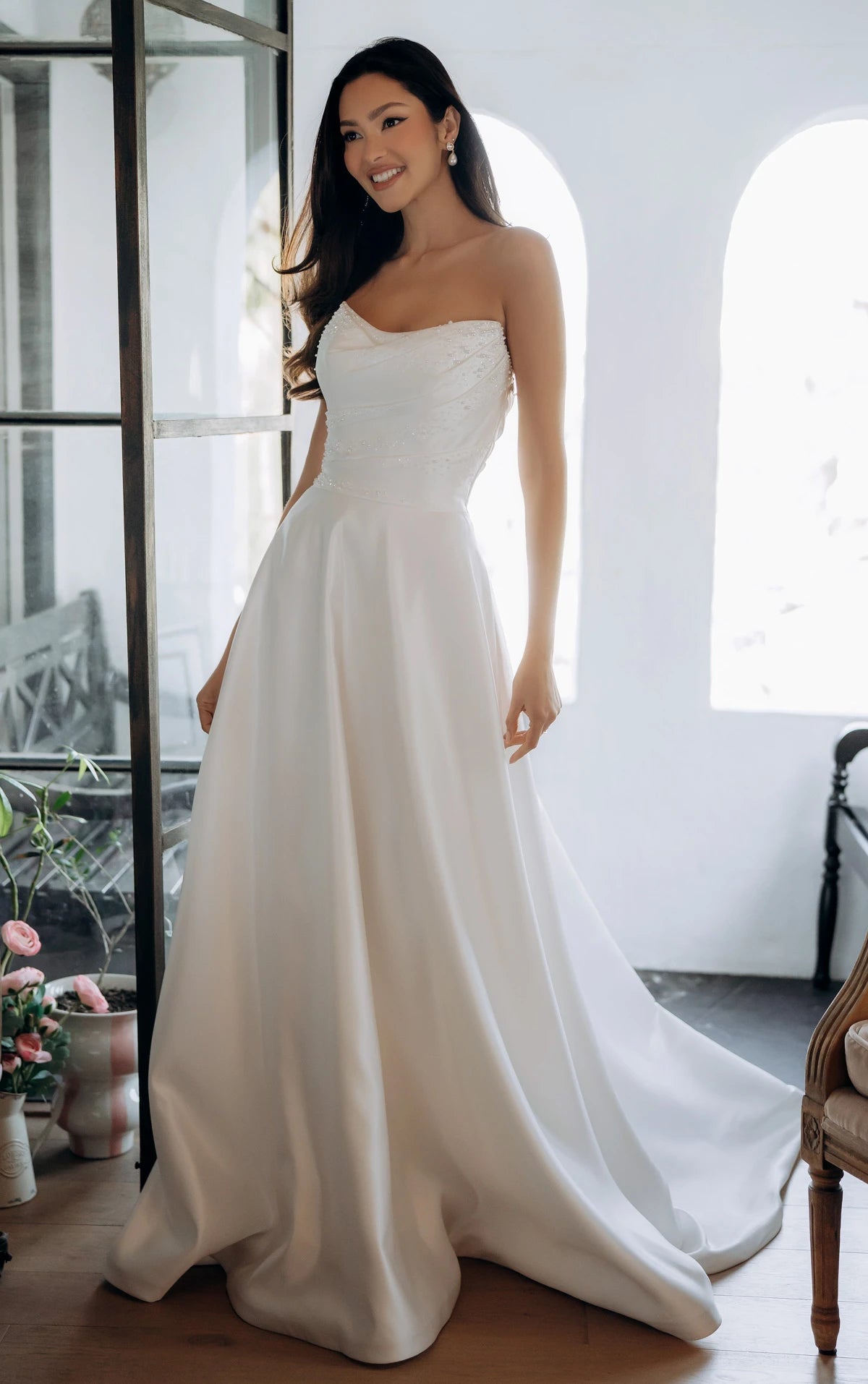 Strapless Satin A-Line Wedding Gown with Pearlescent Beading and Pockets SY8318