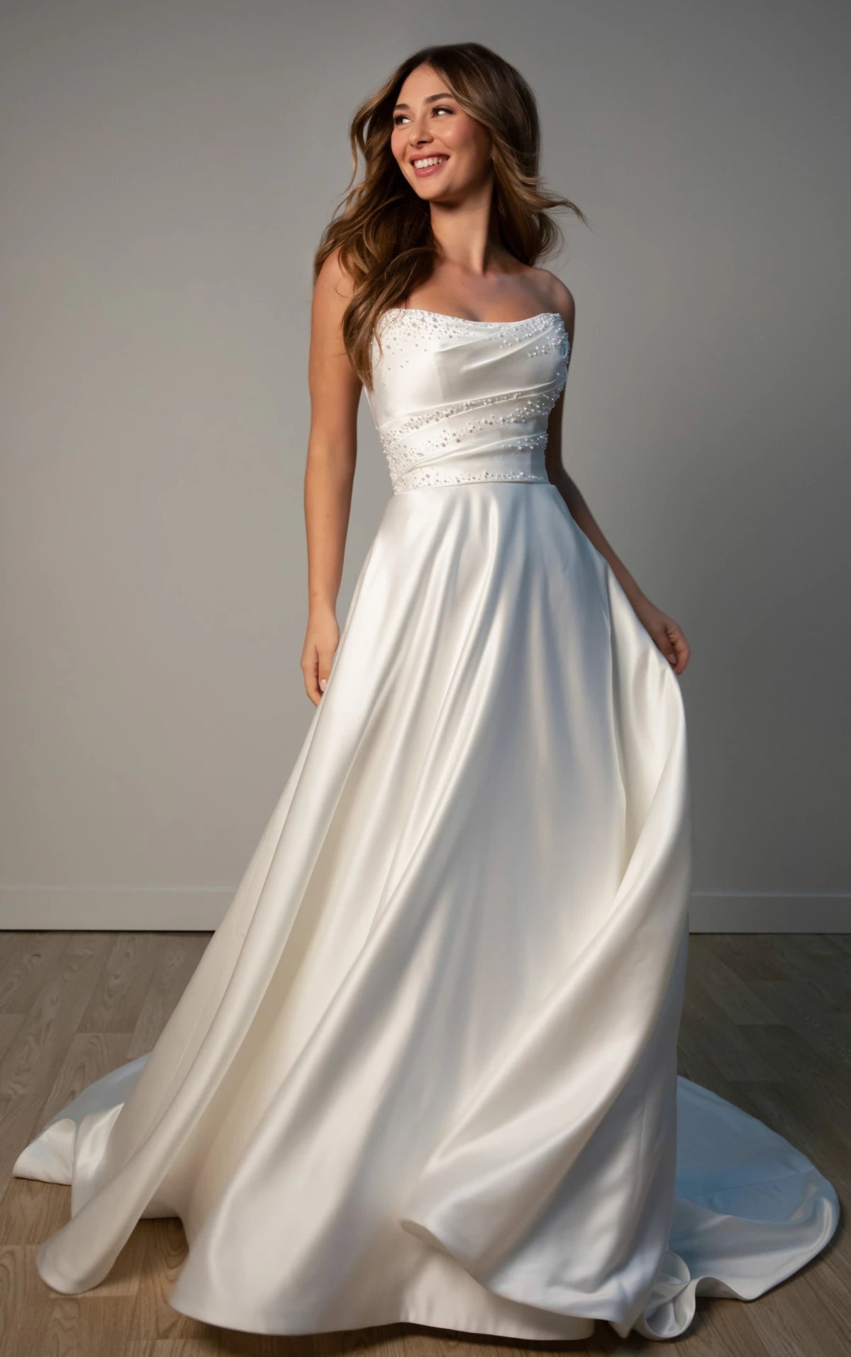 Strapless Satin A-Line Wedding Gown with Pearlescent Beading and Pockets Stella York SY8318