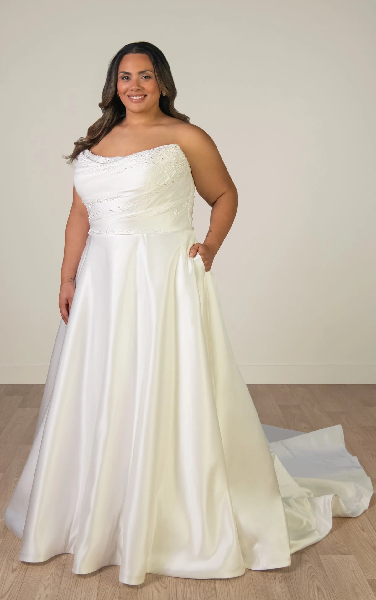 Strapless Satin A-Line Wedding Gown with Pearlescent Beading and Pockets Stella York SY8318