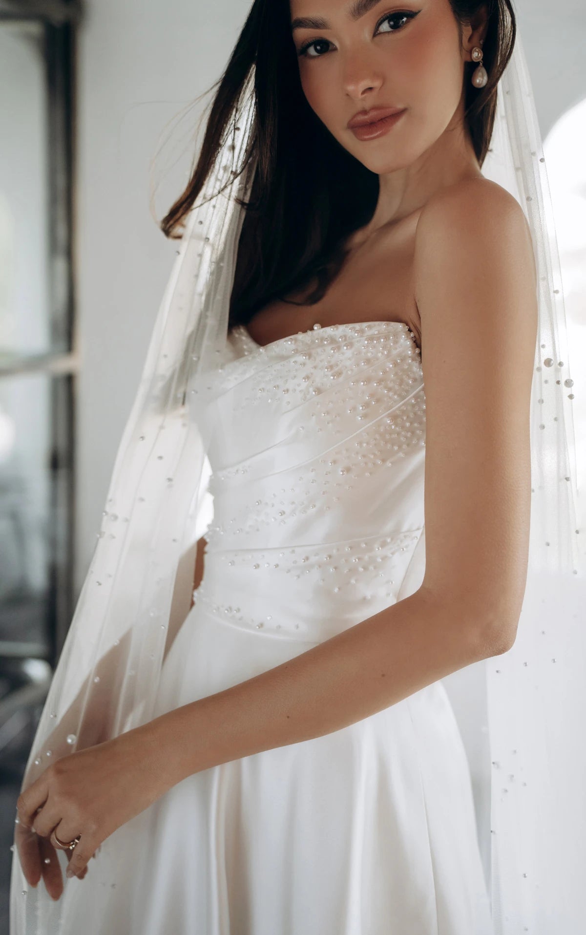 Strapless Satin A-Line Wedding Gown with Pearlescent Beading and Pockets Stella York SY8318