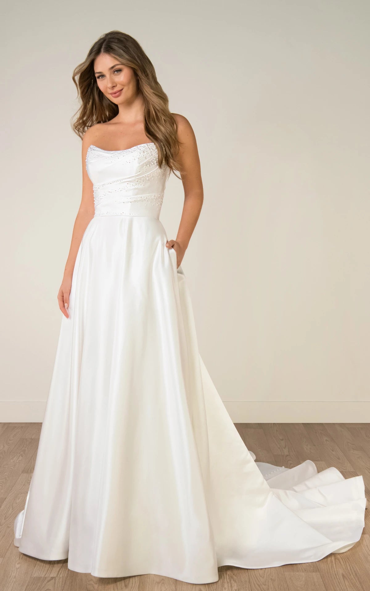 Strapless Satin A-Line Wedding Gown with Pearlescent Beading and Pockets Stella York SY8318