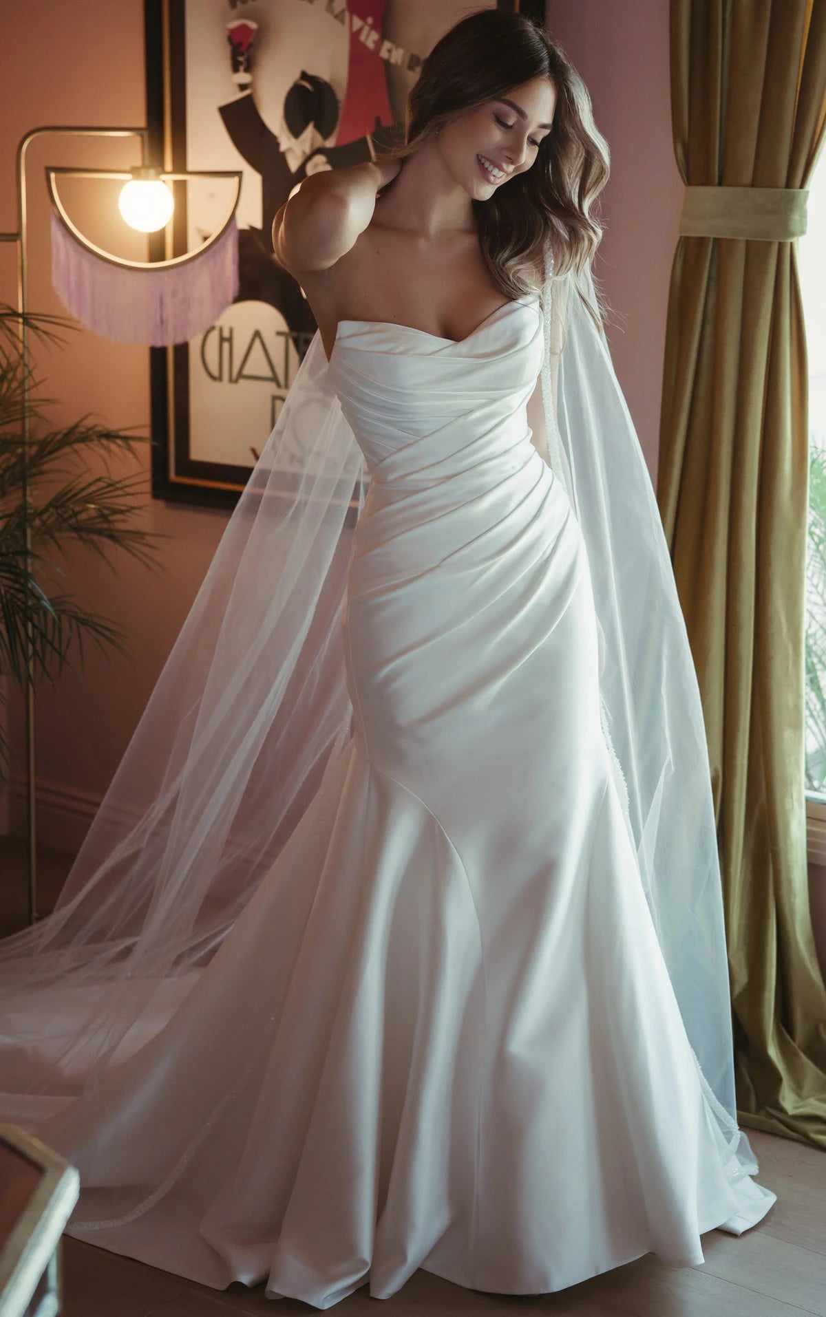 Strapless Mikado Fit-and-Flare Wedding Gown with Ruched Bodice SY8346