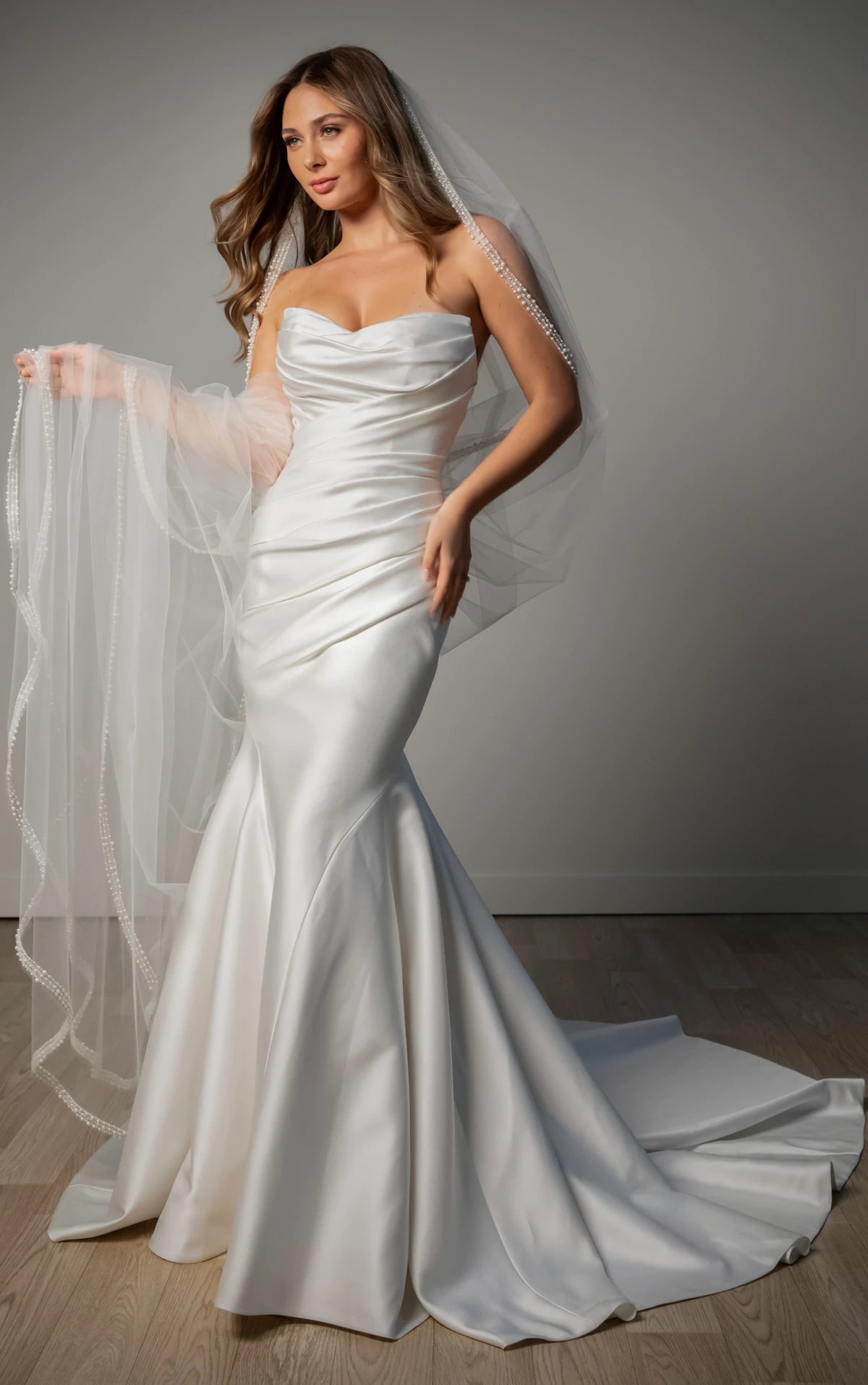 Strapless Mikado Fit-and-Flare Wedding Gown with Ruched Bodice Stella York SY8346