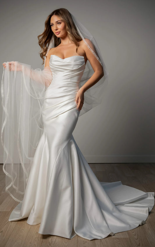 Strapless Mikado Fit-and-Flare Wedding Gown with Ruched Bodice Stella York SY8346
