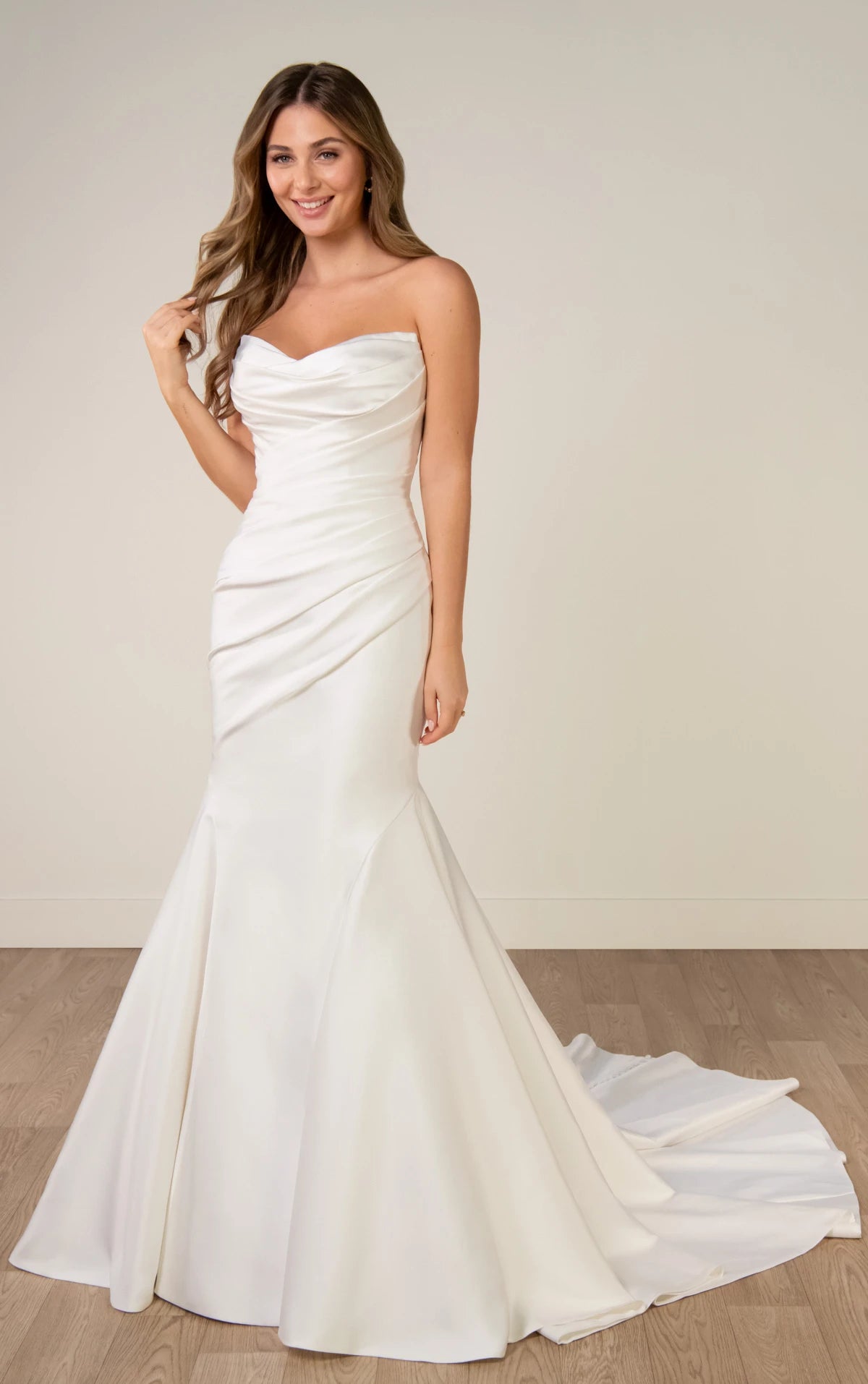 Strapless Mikado Fit-and-Flare Wedding Gown with Ruched Bodice Stella York SY8346