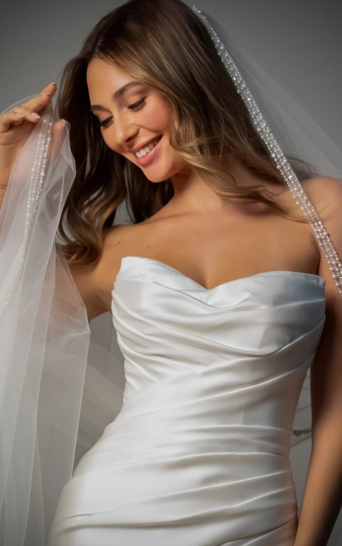 Strapless Mikado Fit-and-Flare Wedding Gown with Ruched Bodice Stella York SY8346