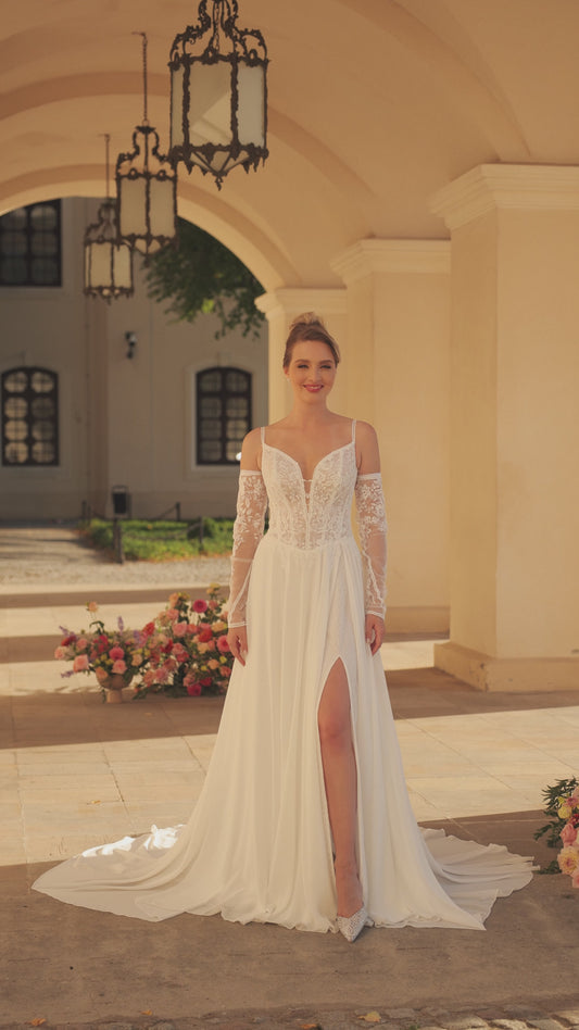 Angela Bianca Wedding Dress with Chiffon Skirt and Leg Split